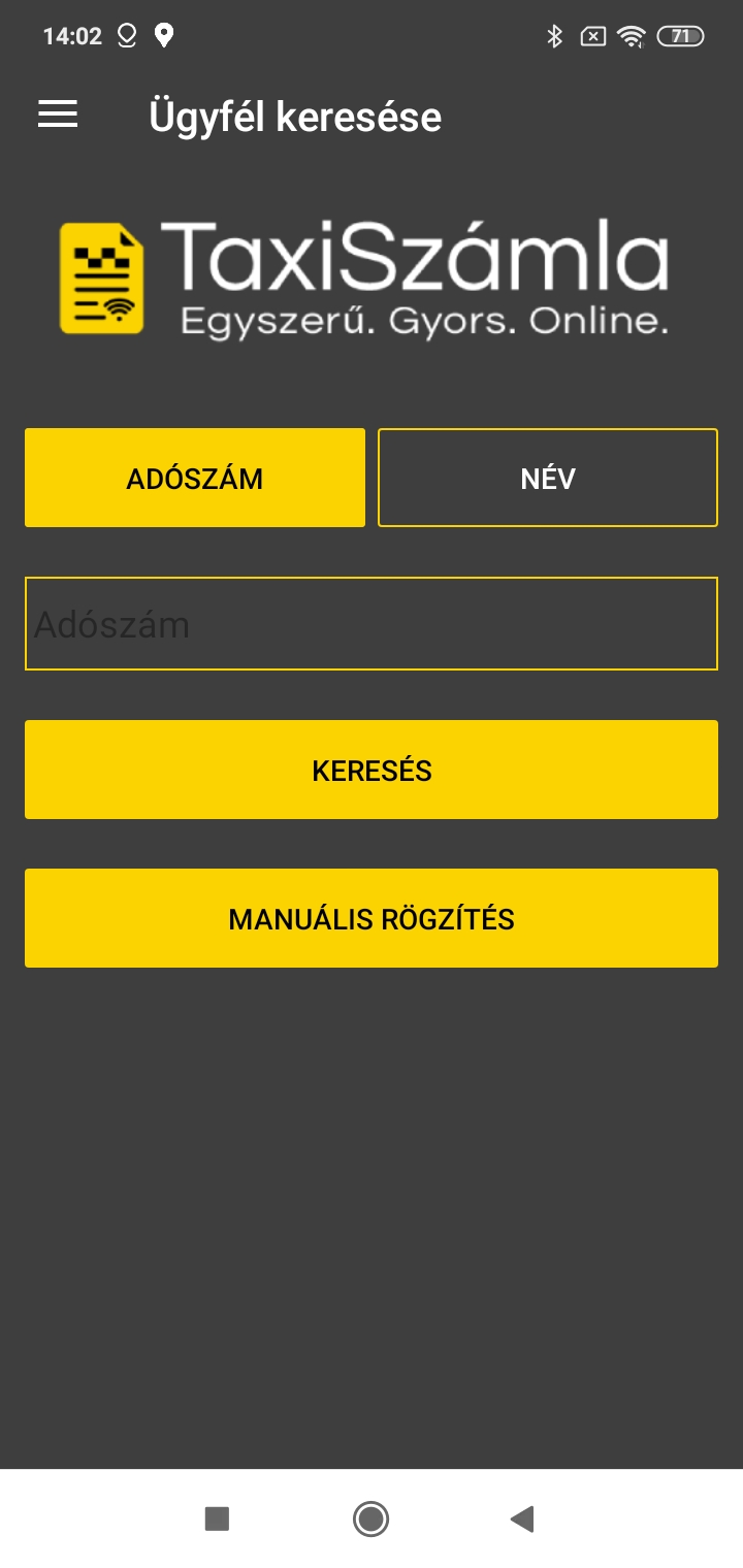 TaxiSzámla képernyő