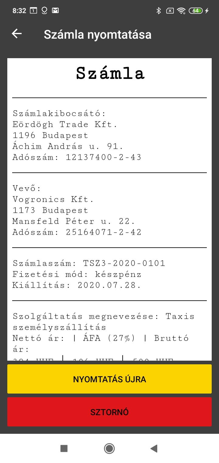 TaxiSzámla funkció